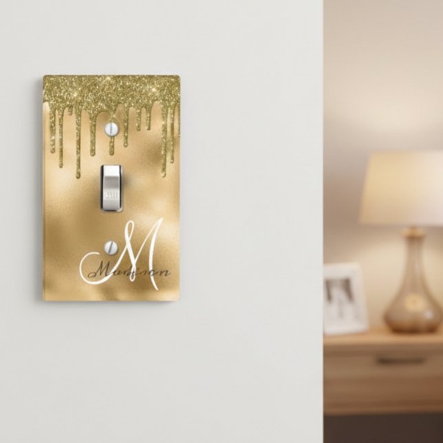 Gold Monogram Glitter Drips Pretty Girly Light Switch Cover (Creator Uploaded)