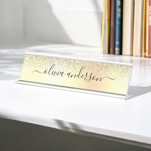 Gold Monogram Glitter Sparkle Girly Script Desk Name Plate