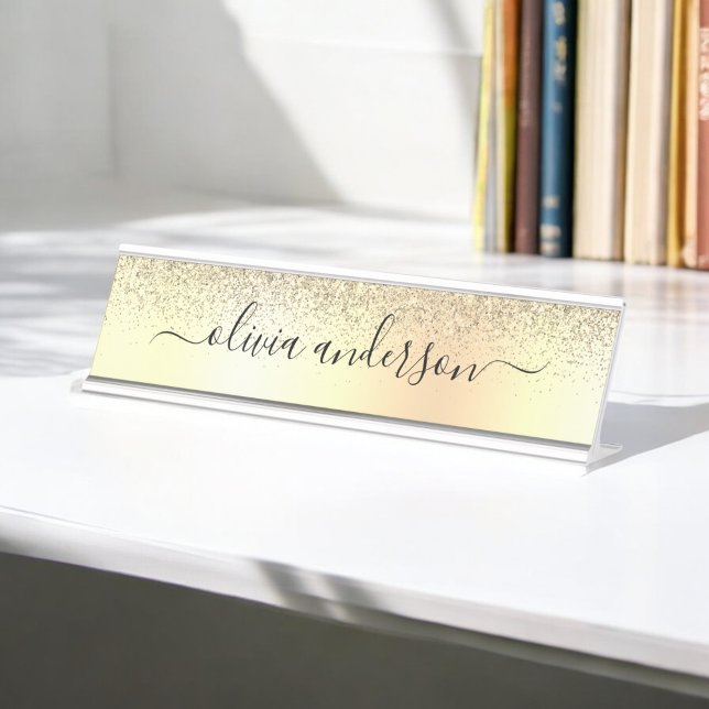 Gold Monogram Glitter Sparkle Girly Script Desk Name Plate (Creator Uploaded)