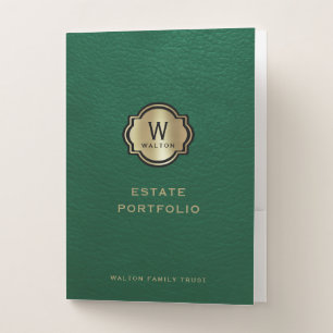 Gold Monogram Green Leather Look Pocket Folder