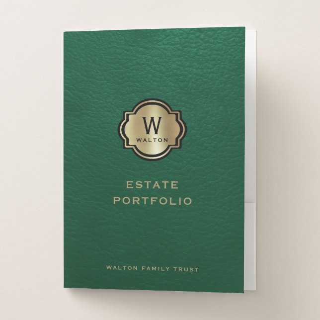 Gold Monogram Green Leather Look Pocket Folder (Front)