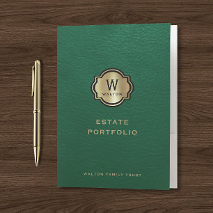 Gold Monogram Green Leather Look Pocket Folder