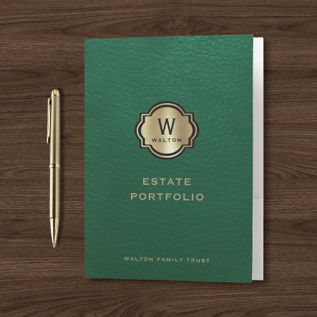 Gold Monogram Green Leather Look Pocket Folder (Creator Uploaded)