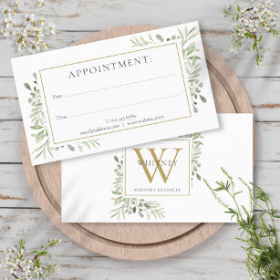 Gold Monogram Greenery Appointment Card