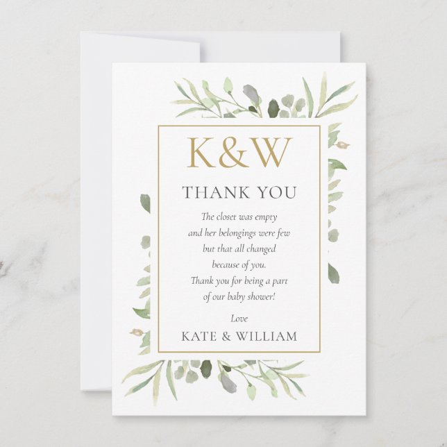 Gold Monogram Greenery Baby Shower Poem Thank You Card (Front)