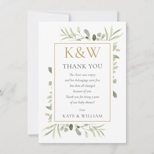 Gold Monogram Greenery Baby Shower Poem Thank You Card