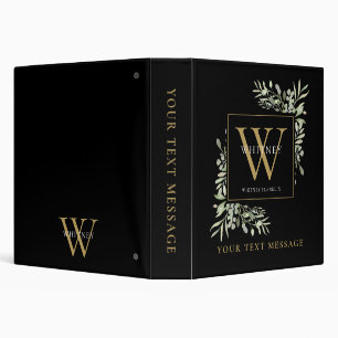 Gold Monogram Greenery  Black Office School 3 Ring Binder