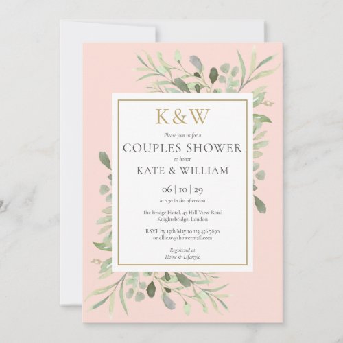 Gold Monogram Greenery Blush Pink Couples Shower Invitation