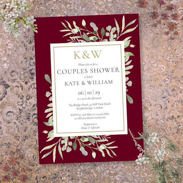 Gold Monogram Greenery Burgundy Couples Shower Invitation (Gold Monogram Greenery Burgundy Couples Shower Invitation)