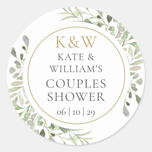 Gold Monogram Greenery Couples Bridal Shower Classic Round Sticker