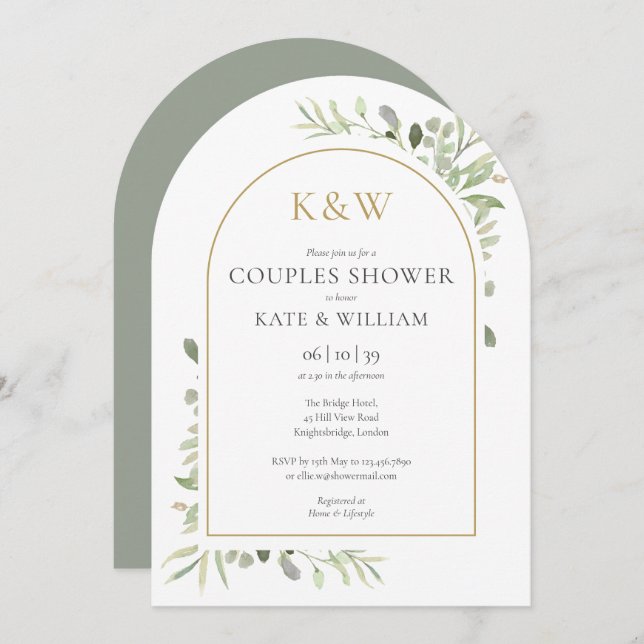 Gold Monogram Greenery Couples Shower Arch Invitation (Front/Back)