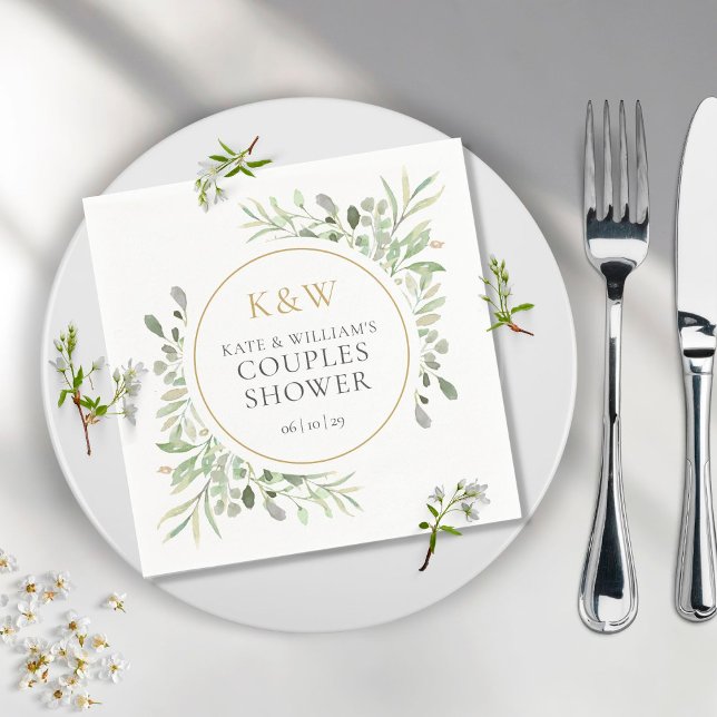 Gold Monogram Greenery Couples Wedding Shower Napkins (Creator Uploaded)