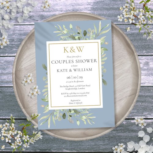 Gold Monogram Greenery Dusty Blue Couples Shower Invitation