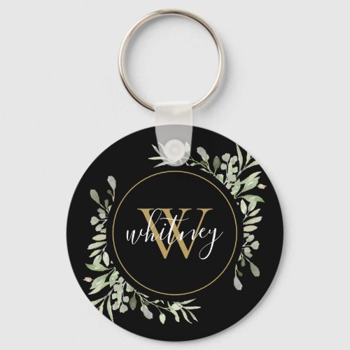 Gold Monogram Greenery Elegant Script Black Keychain