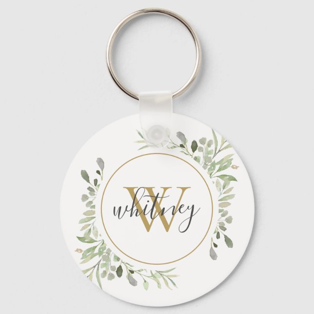 Gold Monogram Greenery Elegant Script Keychain (Front)