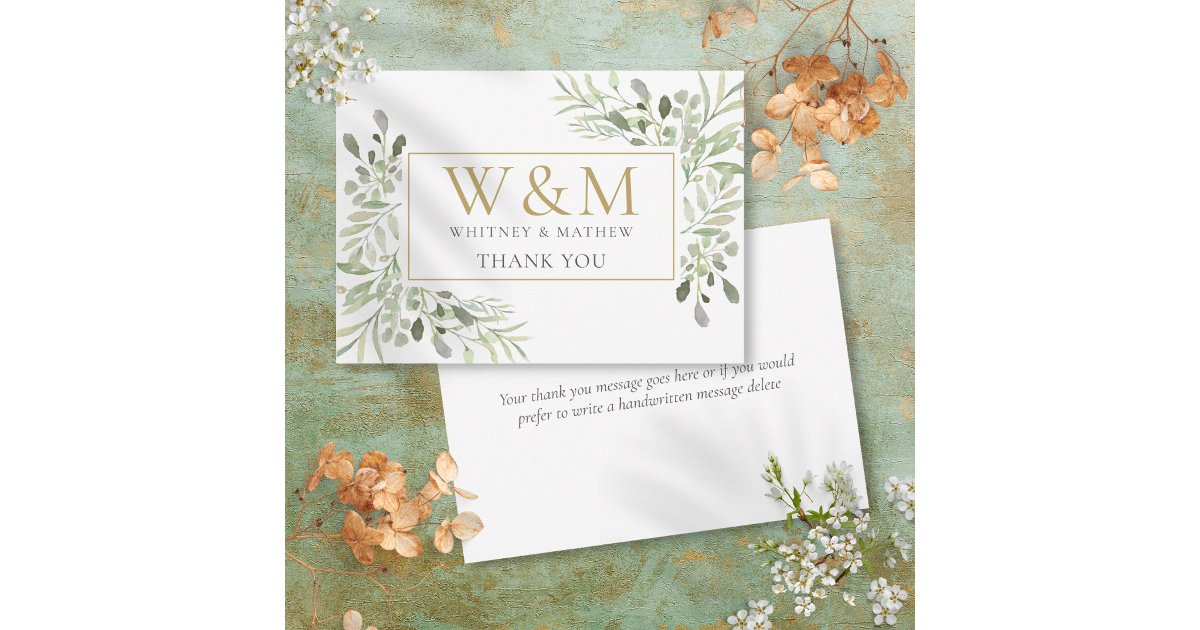 Gold Monogram Greenery Elegant Thank You Card | Zazzle