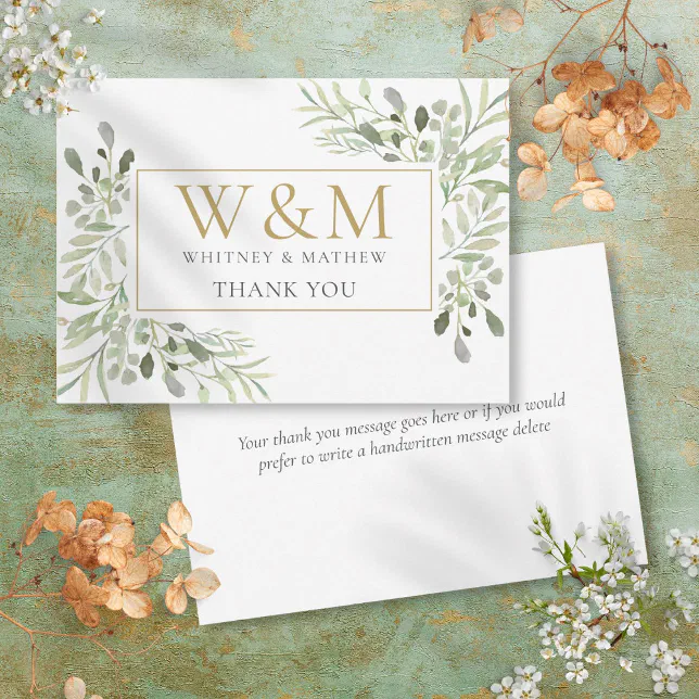 Gold Monogram Greenery Elegant Thank You Card | Zazzle