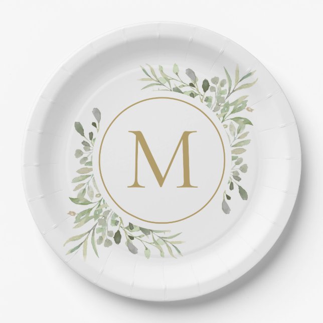 Gold Monogram Greenery Eucalyptus Foliage Paper Plates (Front)