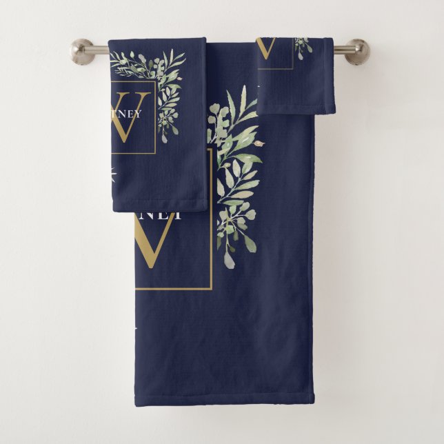 Gold Monogram Greenery Floral Navy Blue Bath Towel Set (Insitu)