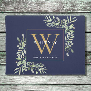 Gold Monogram Greenery Floral Navy Blue Doormat
