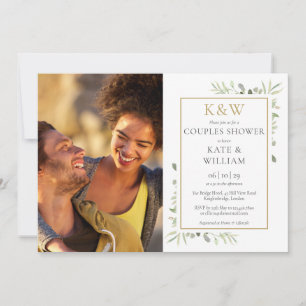 Gold Monogram Greenery Photo Couples Shower Invitation