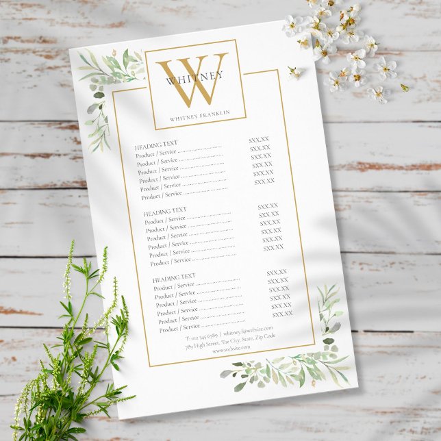 Gold Monogram Greenery Salon Service Menu Flyer (Creator Uploaded)