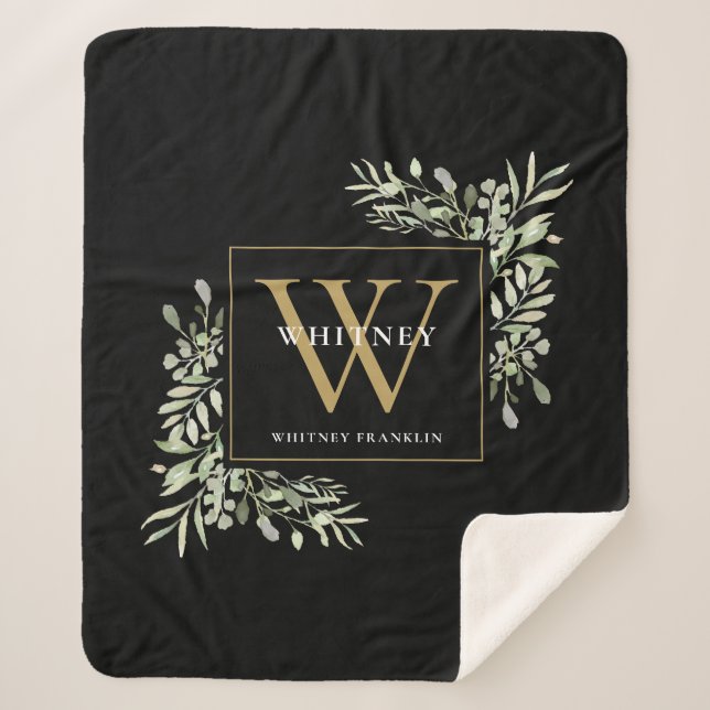 Gold Monogram Greenery Watercolor Black Sherpa Blanket (Front)