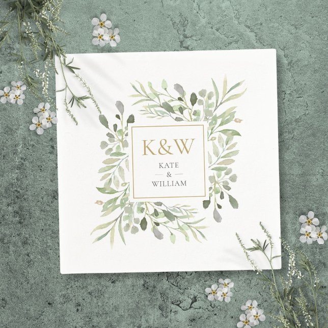 Gold Monogram Greenery Watercolor Wedding Napkins (Gold Monogram Greenery Watercolor Wedding Napkins)