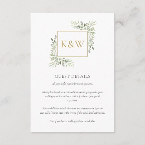 Gold Monogram Greenery Wedding Guest Details Enclosure Card