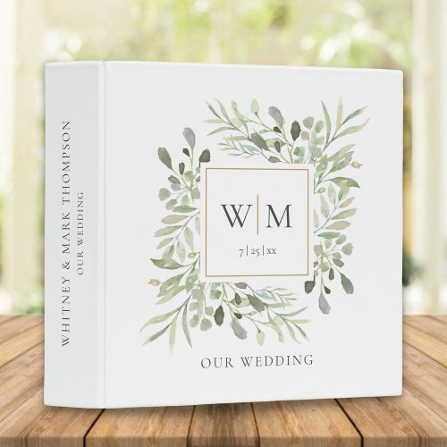 Gold Monogram Greenery Wedding Photo Album 3 Ring Binder