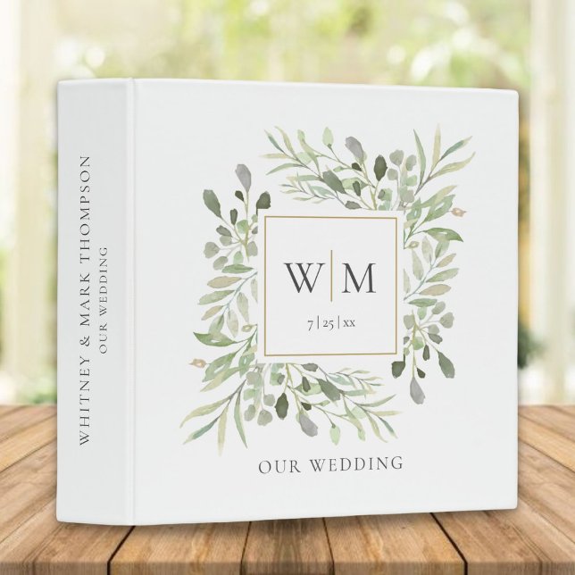 Gold Monogram Greenery Wedding Photo Album 3 Ring Binder (Creator Uploaded)