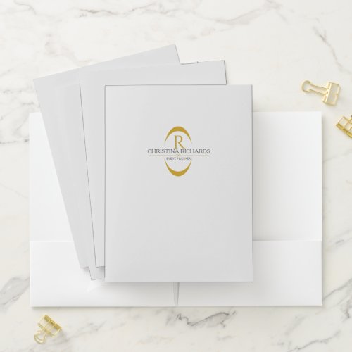 Gold Monogram Grey Modern Elegant Business Pocket Folder