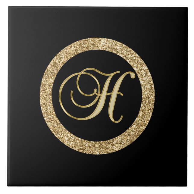 Gold Monogram H on black Ceramic Tile (Front)