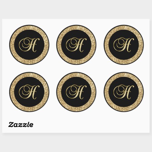 Gold Monogram H on black Classic Round Sticker