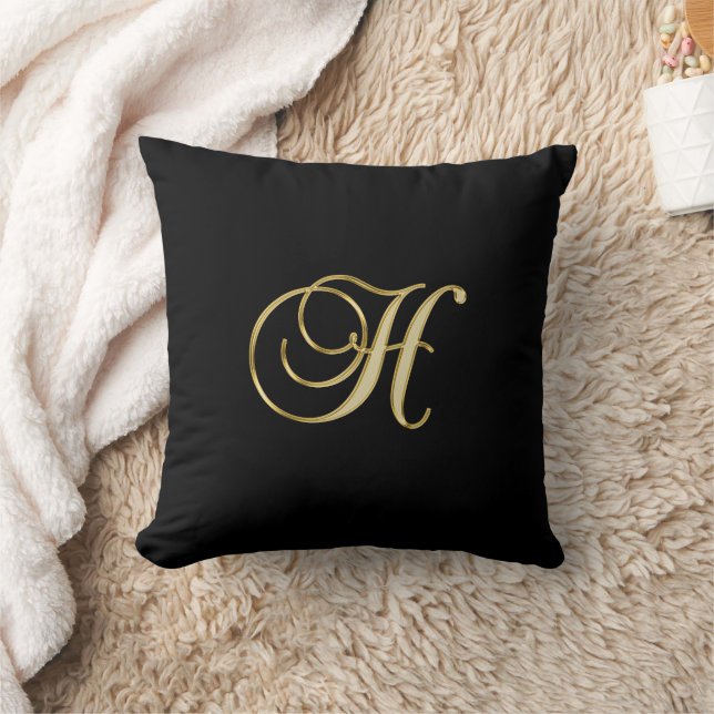 Gold monogram H on black Throw Pillow (Blanket)