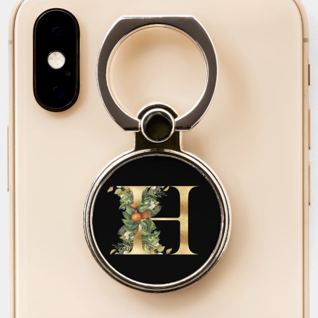 Gold Monogram H with Oranges Phone Ring Stand (Close Up)