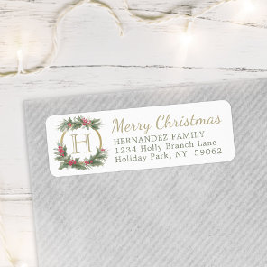 Gold Monogram Holly Merry Christmas Return Address Label