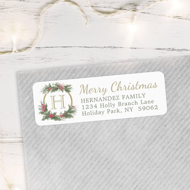 Gold Monogram Holly Merry Christmas Return Address Label (Creator Uploaded)