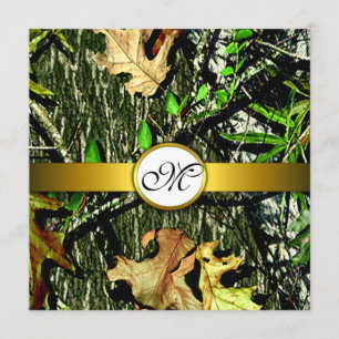 Gold Monogram Hunting Camo Wedding Invitations