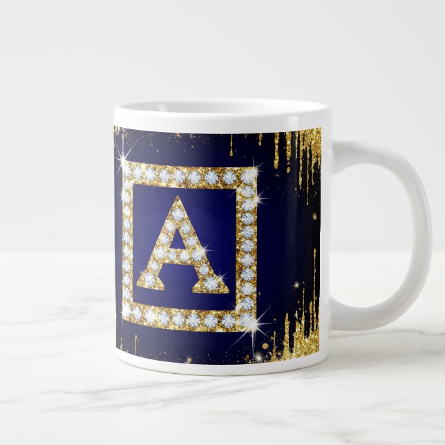 Gold Monogram Initial A With Blue Glitter Giant Coffee Mug (Right)