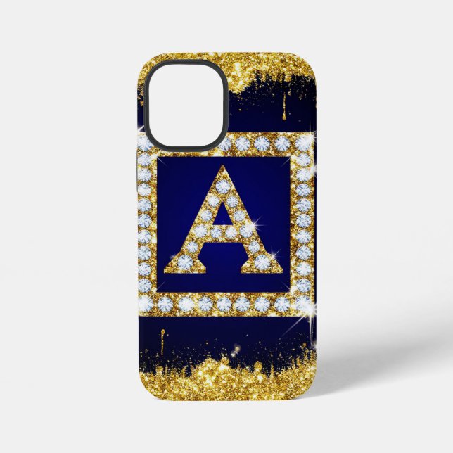Gold Monogram Initial A With Blue Glitter iPhone Case (Back)