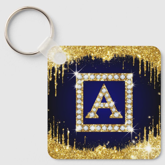 Gold Monogram Initial A With Blue Glitter Keychain (Front)