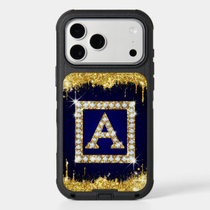 Gold Monogram Initial A With Blue Glitter iPhone 17 Pro Max Case
