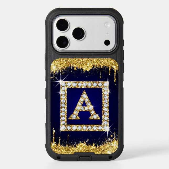 Gold Monogram Initial A With Blue Glitter Otterbox iPhone Case (Back)