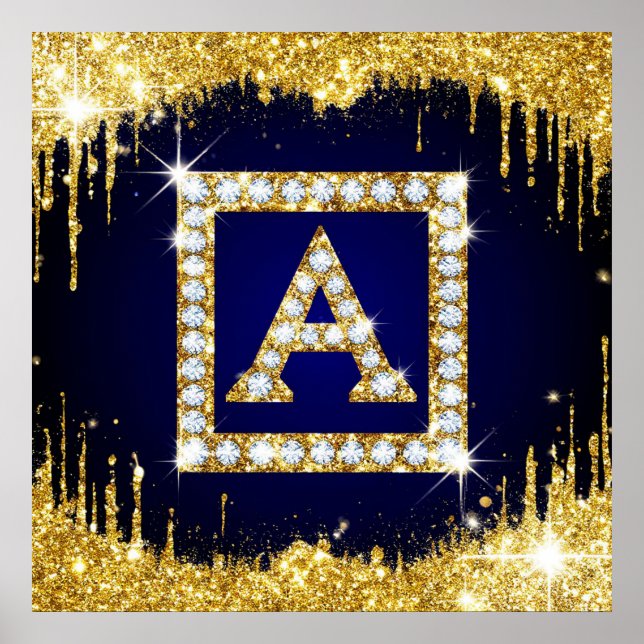 Gold Monogram Initial A With Blue Glitter Poster (Front)