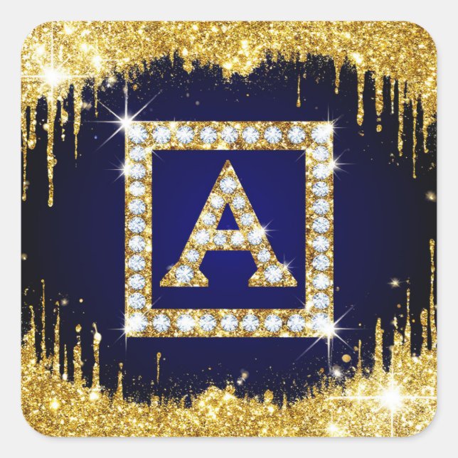 Gold Monogram Initial A With Blue Glitter Square Sticker (Front)