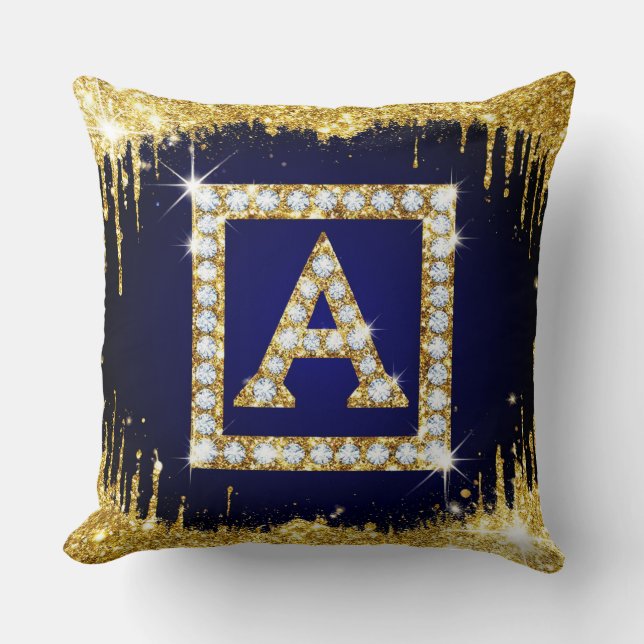 Gold Monogram Initial A With Blue Glitter Throw Pillow (Front)