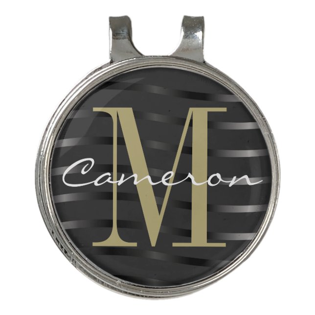 Gold Monogram Initial and Name On Black Golf Hat Clip (Front)