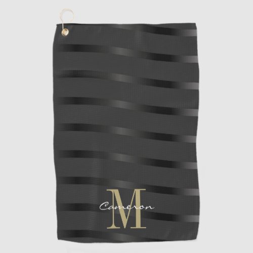 Gold Monogram Initial and Name On Black  Golf Towel