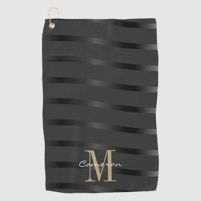 Gold Monogram Initial and Name On Black  Golf Towel (Front)